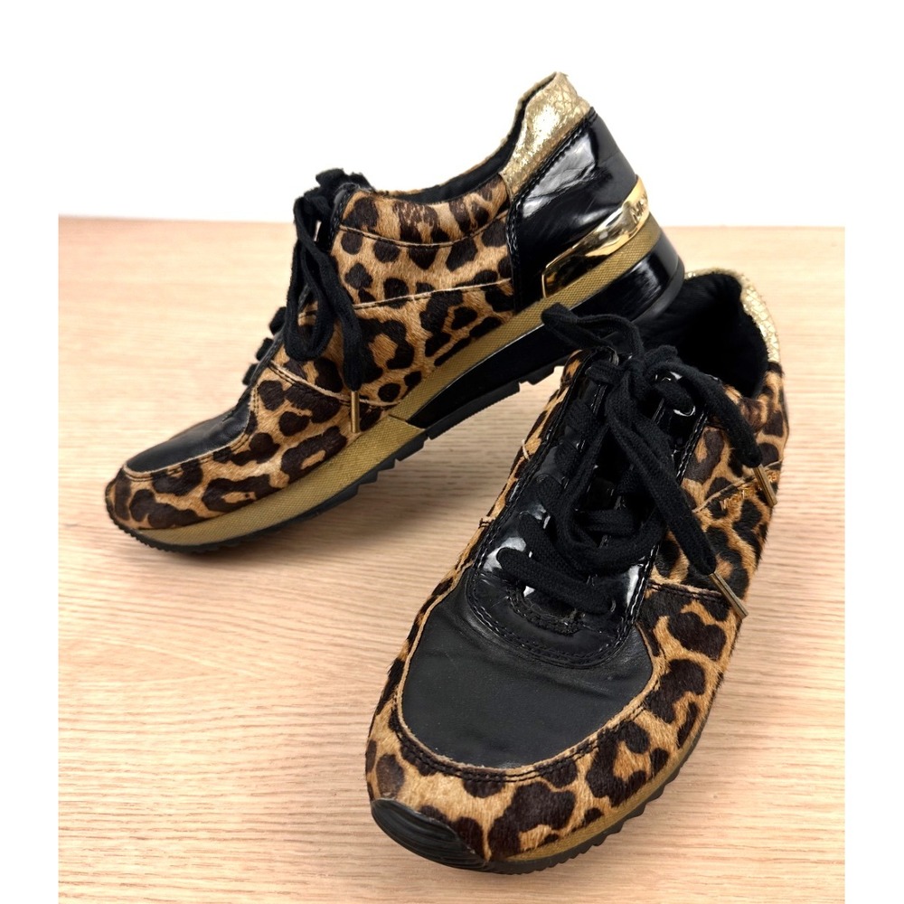 Michael Kors 9.5‎ Leopard Print Leather Sneakers Gold Accent Designer Shoes